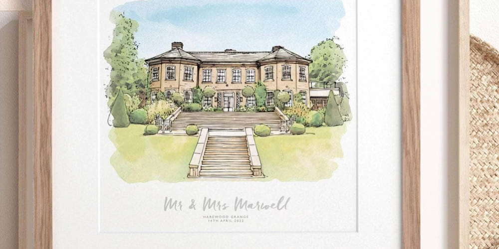 Watercolour wedding venue print in a frame
